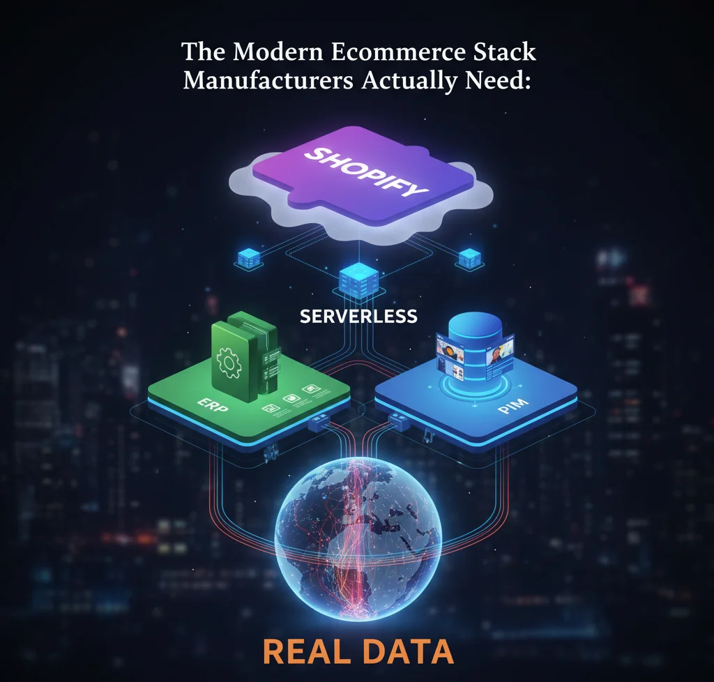 The Modern Ecommerce Stack Manufacturers Actually Need: Shopify + Serverless + ERP + PIM + Real Data