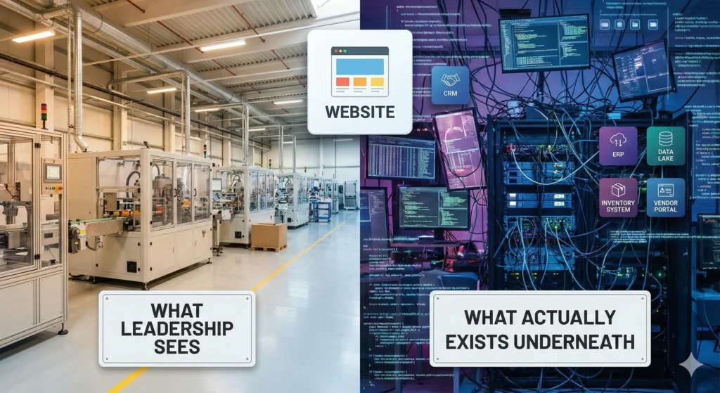 An image of a factory floor on one side and a tangled web of screens and apps on the other, with a single “website” tile sitting on top. Visual contrast between “what leadership sees” (a simple homepage) and “what actually exists underneath” (complex ecosystem of systems, data flows, and vendors).